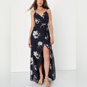 Lulu's All Mine Navy Blue Floral Print High-Low Wrap Dress